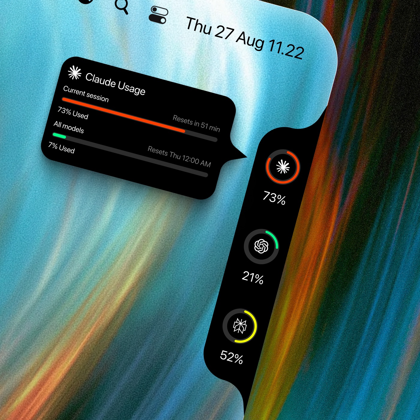 Close do notch do Codenotch em ângulo, mostrando o tooltip de uso do Claude com barra de progresso e o texto 'Resets in 51 min'