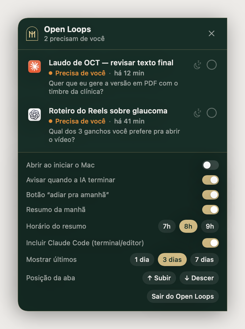 Configurações do Open Loops: interruptores dourados para abrir ao iniciar o Mac, avisar quando a IA terminar, botão adiar, resumo da manhã às 8h e Claude Code no terminal